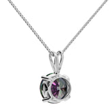 14K Solid White Gold Pendant Necklace | Round Cut Rainbow Mystic Cubic Zirconia Solitaire | 2.0 Carat | 16 Inch .60mm Box Link Chain