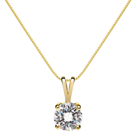 14K Solid Yellow Gold Pendant Necklace | Round Cut Cubic Zirconia Solitaire | 1.0 Carat | 18 Inch .60mm Box Link Chain