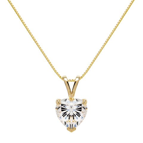 14K Solid Yellow Gold Pendant Necklace | Heart Cut Cubic Zirconia Solitaire | 2 Carat | 18 Inch .60mm Box Link Chain