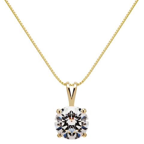 14K Solid Yellow Gold Pendant Necklace | Round Cut Cubic Zirconia Solitaire | 2.0 Carat | 16 Inch .60mm Box Link Chain