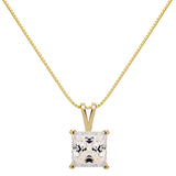 14K Solid Yellow Gold Pendant Necklace | Princess Cut Cubic Zirconia Solitaire | 2 Carat | 16 Inch .60mm Box Link Chain