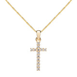 14K Solid Yellow Gold Cross | Pave Round Cut Cubic Zirconia Pendant Necklace | 15mm Long .30 CTW | 18 Inch .60mm Box Link Chain | With Gift Box