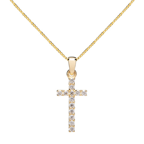 14K Solid Yellow Gold Cross | Pave Round Cut Cubic Zirconia Pendant Necklace | 15mm Long .30 CTW | 18 Inch .60mm Box Link Chain | With Gift Box
