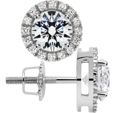 10k Solid White Gold Mens Screw Back Stud Earrings - Round Blue Cubic Zirconia Basket Set
