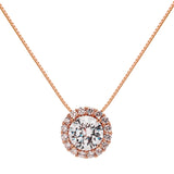 14K Solid Rose Gold Pendant Necklace | Round "Halo" Cubic Zirconia Solitaire | 1.0 CT center, 1.24 CTW | 16 Inch .60mm Box Link Chain