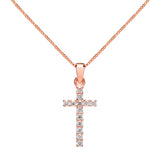 14K Solid Rose Gold Cross | Pave Round Cut Cubic Zirconia Pendant Necklace | 15mm Long .30 CTW | 16 Inch .60mm Box Link Chain | With Gift Box