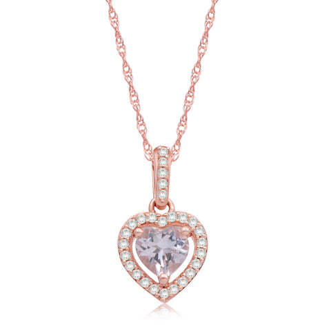 10K Rose Gold 5MM Heart Cut Morganite and 1/10 Cttw Natural White Round Diamond Heart Pendant Necklace