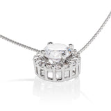 14K Solid White Gold Pendant Necklace | Round "Halo" Cubic Zirconia Solitaire | 1.0 CT center, 1.24 CTW | 18 Inch .60mm Box Link Chain