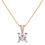 14K Solid Rose Gold Pendant Necklace | Princess Cut Cubic Zirconia Solitaire | 1 Carat | 18 Inch Box Link Chain