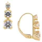 14K Solid Yellow Gold Earrings | Round Cut Leverback 3-Stone "Trilogy" Cubic Zirconia | Basket Setting | 1.90 CTW