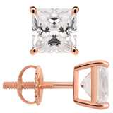 14K Solid Rose Gold Stud Earrings | Princess Cut Cubic Zirconia | Screw Back Posts | 3.0 CTW