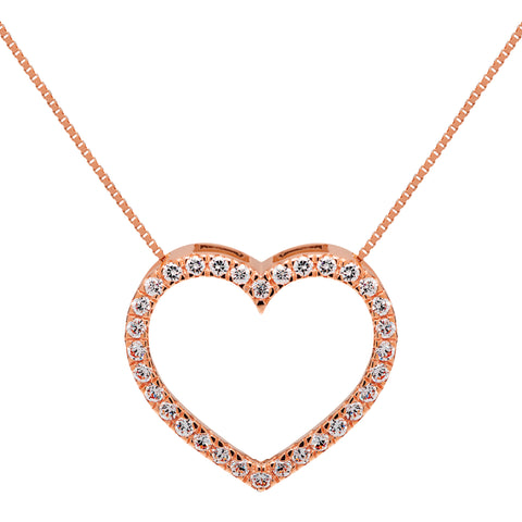 14K Solid Rose Gold Open Heart Pendant | Pave Round Cut Cubic Zirconia Necklace| .35 CTW | 18 Inch Box Link Chain | With Gift Box