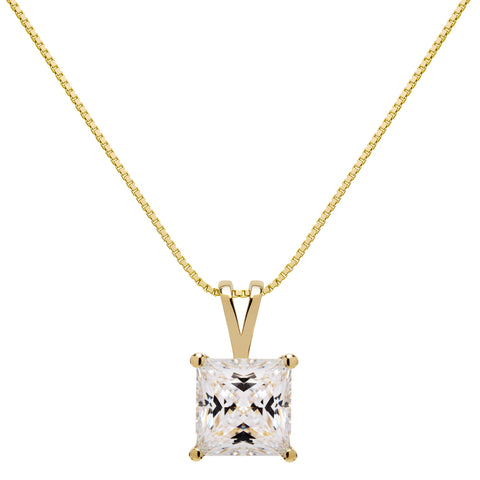 14K Solid Yellow Gold Pendant Necklace | Princess Cut Cubic Zirconia Solitaire | 2 Carat | 18 Inch .60mm Box Link Chain