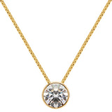 14K Solid Yellow Gold Pendant Necklace | Bezel Set Round Cut Cubic Zirconia Solitaire | 1.5 Carat | 16 Inch 1.0mm Box Link Chain