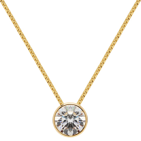 14K Solid Yellow Gold Pendant Necklace | Bezel Set Round Cut Cubic Zirconia Solitaire | 1.5 Carat | 16 Inch 1.0mm Box Link Chain