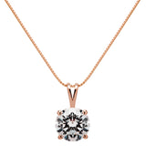 14K Solid Rose Gold Pendant Necklace | Round Cut Cubic Zirconia Solitaire | 2.0 Carat | 16 Inch .60mm Box Link Chain