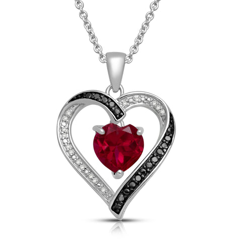 Sterling Silver With Created Ruby and 1/10 Black White Diamonds Pendant Necklace