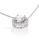 14K Solid White Gold Pendant Necklace | Round "Halo" Cubic Zirconia Solitaire | 1.0 CT center, 1.24 CTW | 16 Inch .60mm Box Link Chain