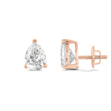 14K Solid Rose Gold Solitaire Stud Earrings | Pear Cut Cubic Zirconia | Screw Back Posts | 3.0 CTW | With Gift Box