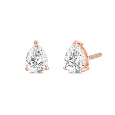 14K Solid Rose Gold Solitaire Stud Earrings | Pear Cut Cubic Zirconia | Screw Back Posts | 3.0 CTW | With Gift Box