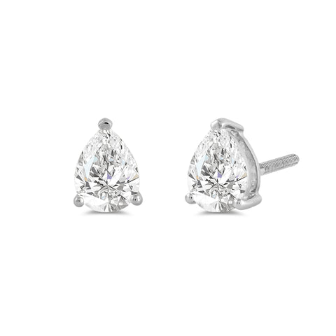 14K Solid White Gold Solitaire Stud Earrings | Pear Cut Cubic Zirconia | Screw Back Posts | 3.0 CTW | With Gift Box