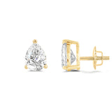 14K Solid Yellow Gold Solitaire Stud Earrings | Pear Cut Cubic Zirconia | Screw Back Posts | 3.0 CTW | With Gift Box