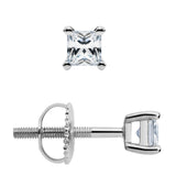 14K Solid White Gold Stud Earrings | Princess Cut Cubic Zirconia | Screw Back Posts | .58 CTW