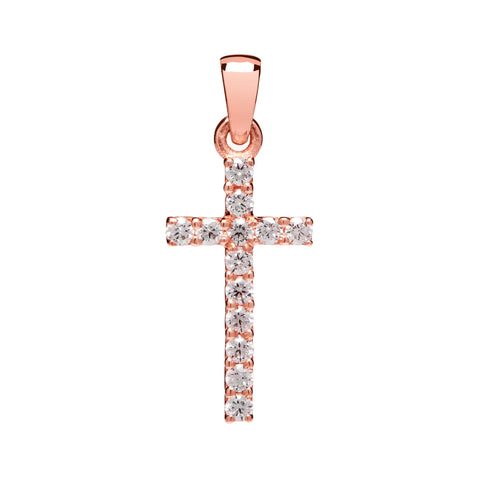 14K Solid Rose Gold Cross | Pave Round Cut Cubic Zirconia .30 CTW | 15mm Long | Pendant Only | With Gift Box