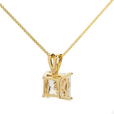 14K Solid Yellow Gold Pendant Necklace | Princess Cut Cubic Zirconia Solitaire | 2 Carat | 16 Inch .60mm Box Link Chain
