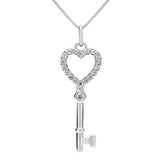 14K Solid White Gold Key to my Heart Pendant | Pave Round Cut Cubic Zirconia Pendant| .20 CTW | 18 Inch Box Link Chain | With Gift Box