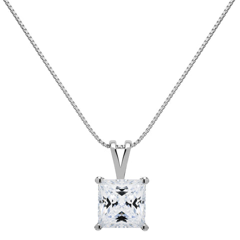 14K Solid White Gold Pendant Necklace | Princess Cut Cubic Zirconia Solitaire | 2 Carat | 16 Inch .60mm Box Link Chain
