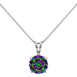 14K Solid White Gold Pendant Necklace | Round Cut Rainbow Mystic Cubic Zirconia Solitaire | 2.0 Carat | 16 Inch .60mm Box Link Chain