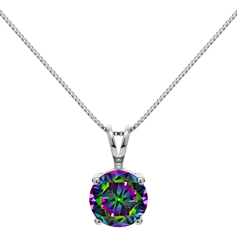 14K Solid White Gold Pendant Necklace | Round Cut Rainbow Mystic Cubic Zirconia Solitaire | 2.0 Carat | 16 Inch .60mm Box Link Chain