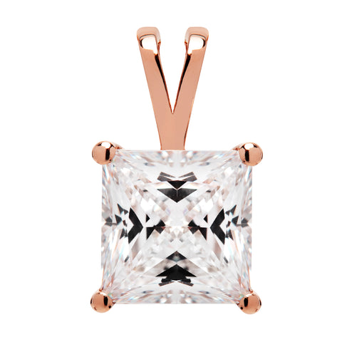 14K Solid Rose Gold Pendant Only | Princess Cut Cubic Zirconia Solitaire | 2.0 Carat