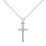 14K Solid White Gold Cross | Pave Round Cut Cubic Zirconia Pendant Necklace | 15mm Long .30 CTW | 16 Inch .60mm Box Link Chain | With Gift Box