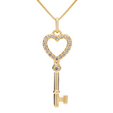 14K Solid Yellow Gold Key to my Heart Pendant | Pave Round Cut Cubic Zirconia Pendant| .20 CTW | 18 Inch Box Link Chain | With Gift Box