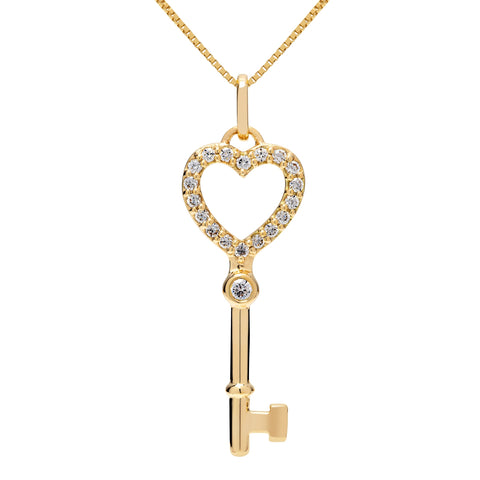 14K Solid Yellow Gold Key to my Heart Pendant | Pave Round Cut Cubic Zirconia Pendant| .20 CTW | 18 Inch Box Link Chain | With Gift Box