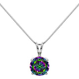 14K Solid White Gold Pendant Necklace | Round Cut Rainbow Mystic Cubic Zirconia Solitaire | 2.0 Carat | 18 Inch .60mm Box Link Chain