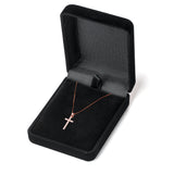 14K Solid Rose Gold Cross | Pave Round Cut Cubic Zirconia Pendant Necklace | 15mm Long .30 CTW | 16 Inch .60mm Box Link Chain | With Gift Box