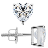 14K Solid White Gold Earrings | Heart Cut Cubic Zirconia Stud | Screw Back Posts | 1.5 CTW