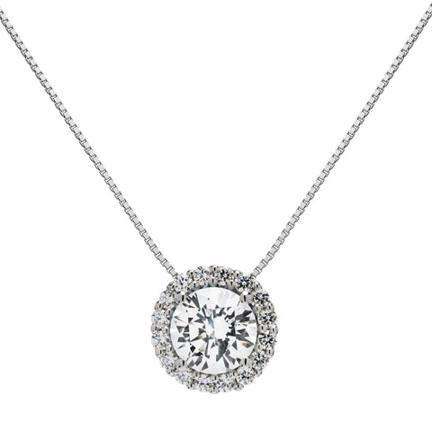 14K Solid White Gold Pendant Necklace | Round "Halo" Cubic Zirconia Solitaire | 1.0 CT center, 1.24 CTW | 16 Inch .60mm Box Link Chain