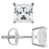 14K Solid White Gold Stud Earrings | Princess Cut Cubic Zirconia | Screw Back Posts | 3.0 CTW