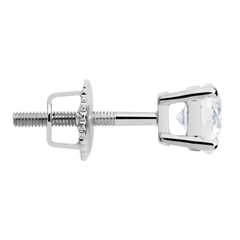 14K Solid White Gold SINGLE Stud Earring | Round Cut Cubic Zirconia | Screw Back Post | .25 Carat