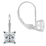 14K Solid White Gold Earrings | Princess Cut Cubic Zirconia | Leverback Drop Dangle Basket Setting | 2.0 CTW