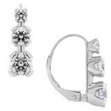 14K Solid White Gold Earrings | Round Cut Leverback 3-Stone "Trilogy" Cubic Zirconia | Basket Setting | 1.90 CTW, Diamond Equivalent