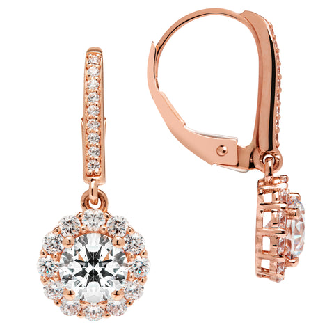 14K Solid Rose Gold Leverback Earrings | Round "Halo" Cubic Zirconia | Drop Dangle Basket Setting | .63 CT center, 1.0 CTW each, 2.0 CTW pair