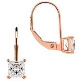 14K Solid Rose Gold Earrings | Princess Cut Cubic Zirconia | Leverback Drop Dangle Basket Setting | 1.0 CTW