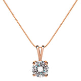 14K Solid Rose Gold Pendant Necklace | Round Cut Cubic Zirconia Solitaire | 1.0 Carat | 16 Inch .60mm Box Link Chain