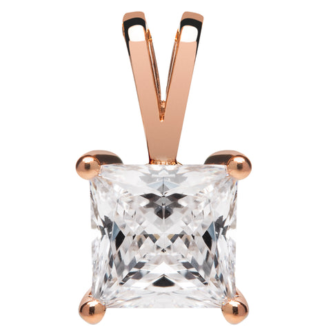 14K Solid Rose Gold Pendant Only | Princess Cut Cubic Zirconia Solitaire | 1.0 Carat