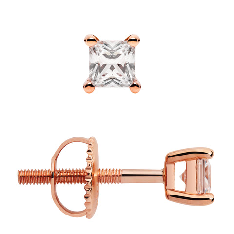14K Solid Rose Gold Stud Earrings | Princess Cut Cubic Zirconia | Screw Back Posts | .58 CTW